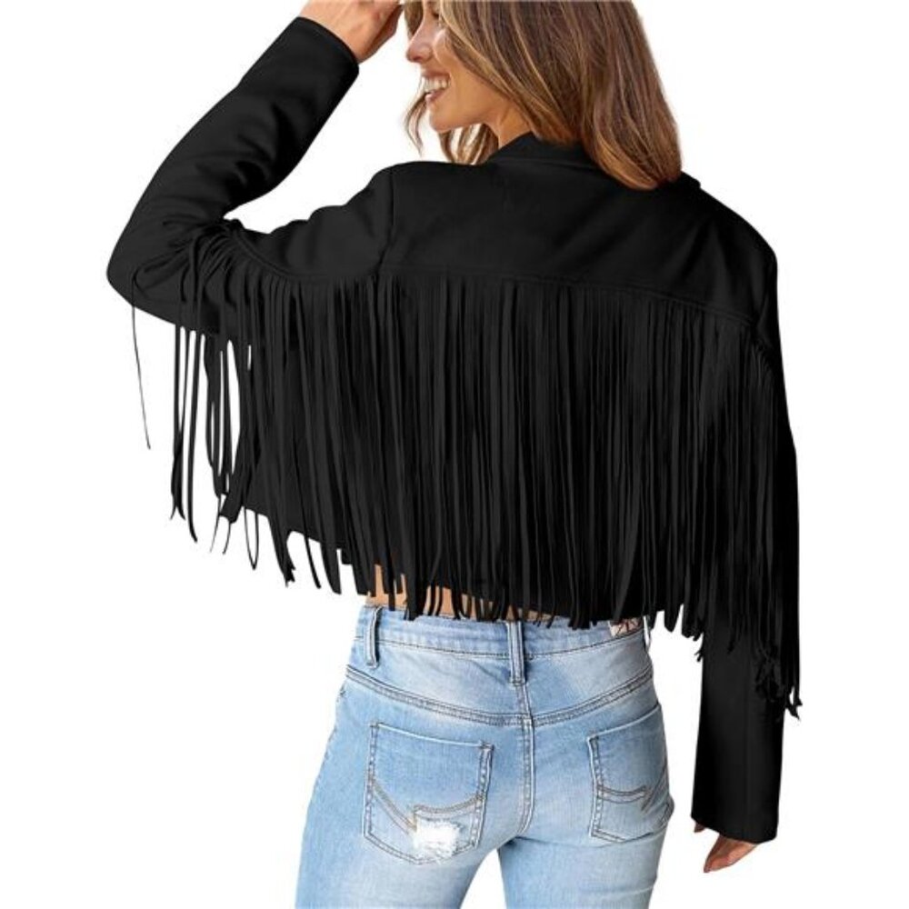 Women's Fringe Faux Suede Leather Jacket Tassel Cropped Coat - Picture 4 of 7